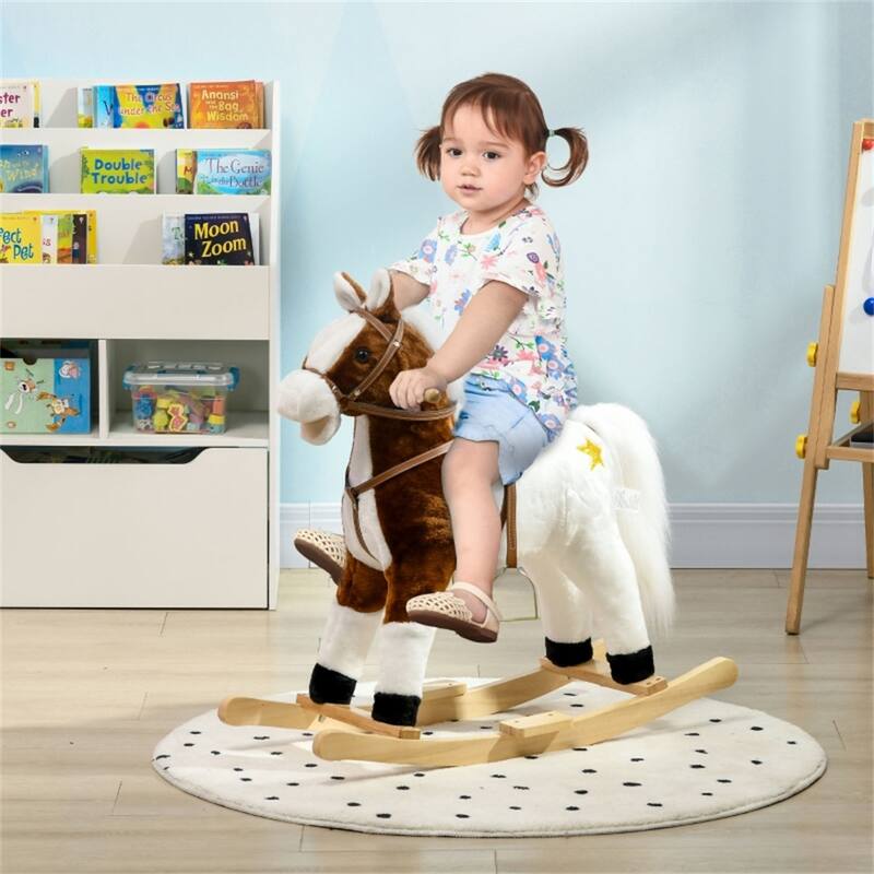 Plush Brown Kids Rocking Horse with Realistic Sounds Saddle and Footrests for Ages 3 to 8 Years - 30.75" L x 11" W x 26.75" H