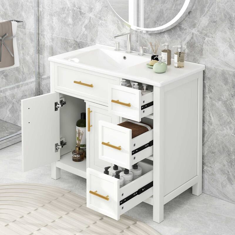 36" Bathroom Vanity with Sink Top, Bathroom Vanity Cabinet with Two Doors and Three Drawers, Solid Wood, MDF Boards