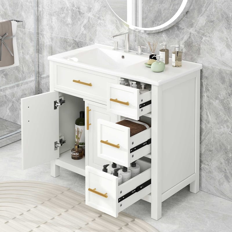Roomfitters 36" Bathroom Vanity with Sink, Left-Side Basin, Solid Wood Frame, 2 Doors & 3 Drawers