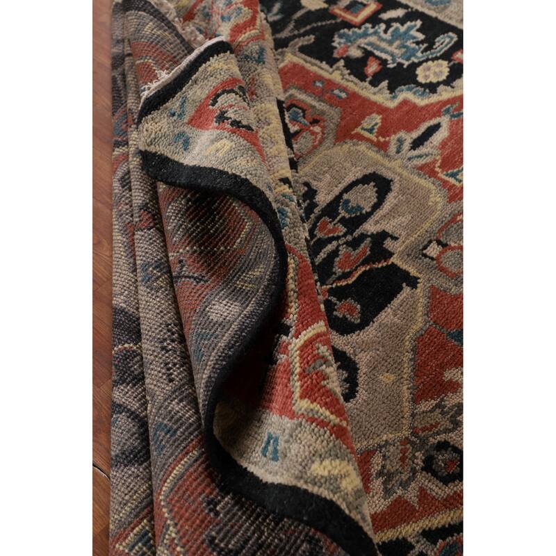 Black Geometric Heriz Serapi Indian Area Rug Hand-Knotted Wool Carpet - 7'11" x 9'9"
