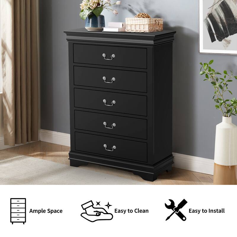 48" Tall Modern Black Solid Wood 5-drawer Storage Chest