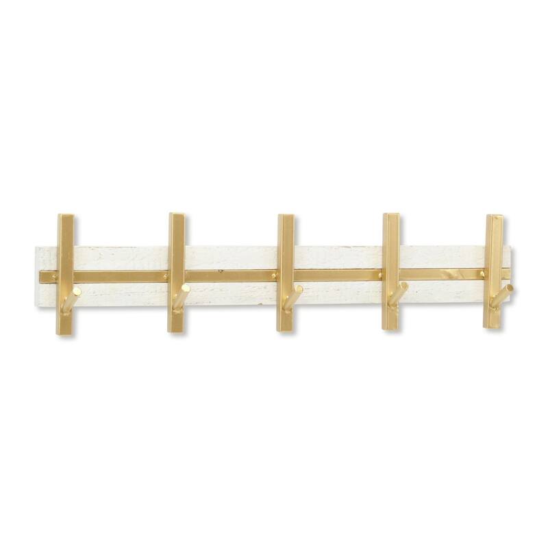 Handcrafted Five Hook Coat Rack - 21.75" - White and Gold