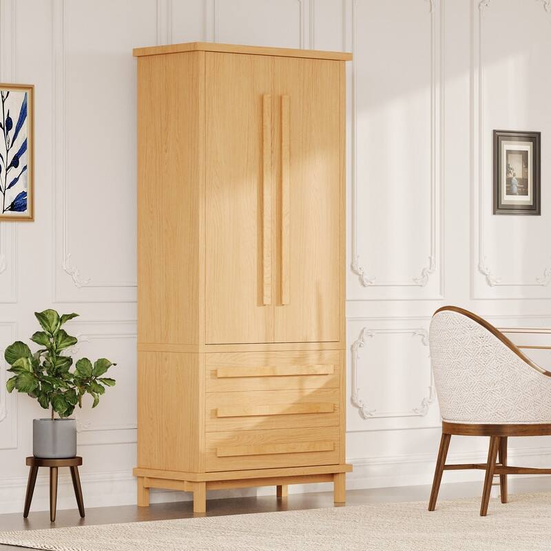 Farmhouse 70" Tall Kitchen Pantry Cabinet,Freestanding Wooden Kitchen Cupboard with 6 Door Shelves and 3 Drawers - Natural