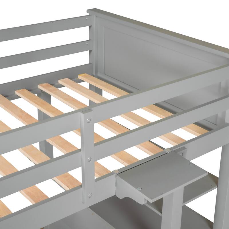 Twin Size Wooden Loft Bed with Desk, Drawers and Shelves, Space Saving Bedroom Loft Storage Bed Frame, Grey