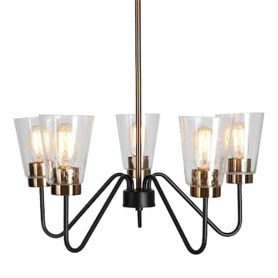 Ivelle Modern 5-Light Black Gold Wheel Chandelier Seeded Glass Pendant Lights for Dining Room - 22" D x 10.5'' H