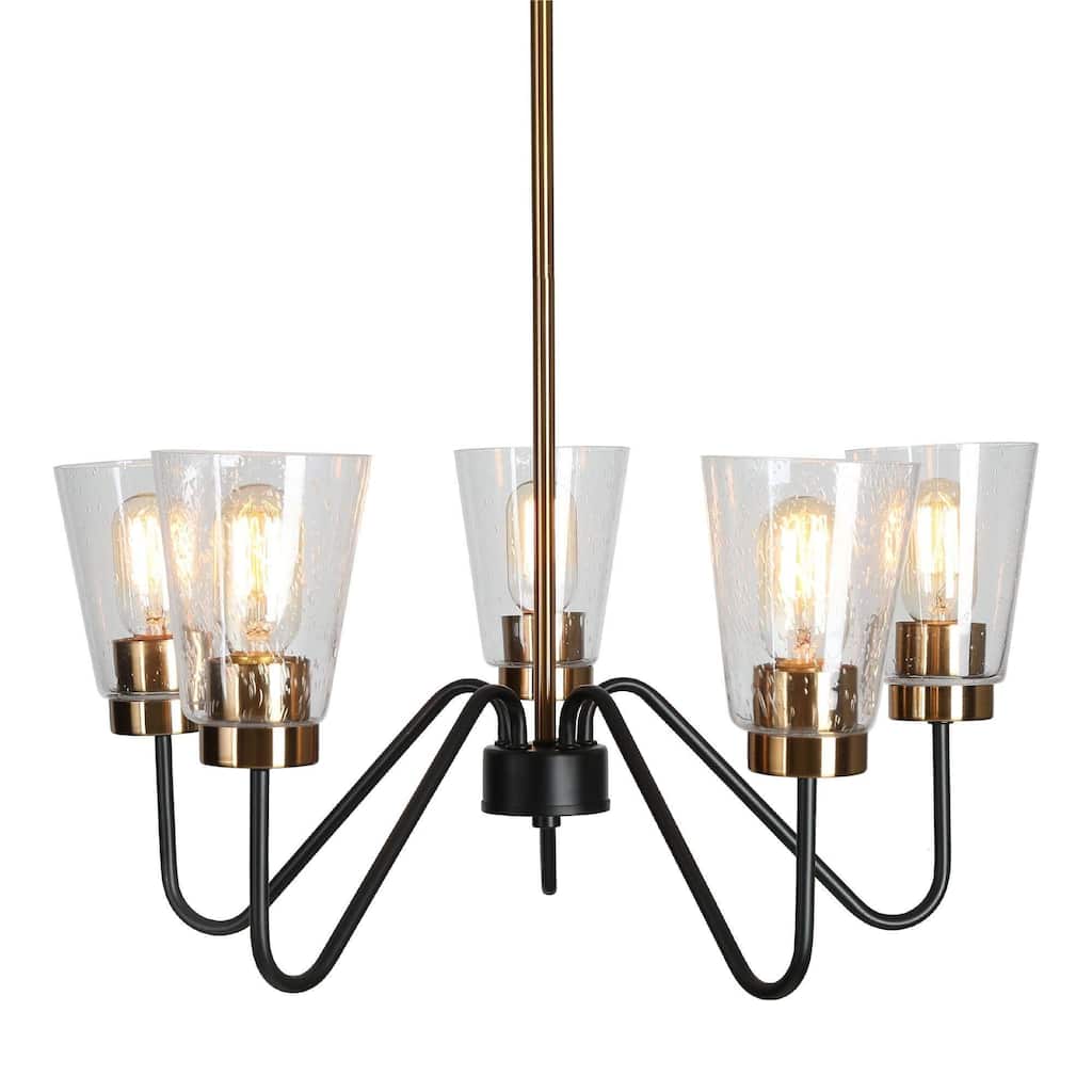 Ivelle Modern 5-Light Black Gold Wheel Chandelier Seeded Glass Pendant Lights for Dining Room - 22" D x 10.5'' H