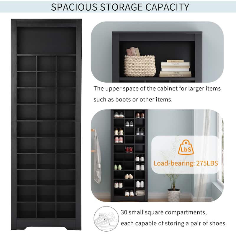 Roomfitters Free Standing Stylish Shoe Cabinet with 30 Cubbies, Tall Organizer with Ample Storage and for Entryway