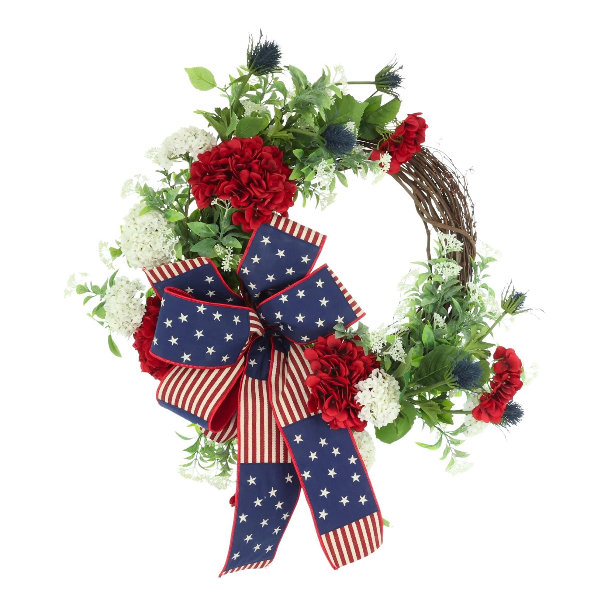 26" Red, White and Blue Wreath with Hydrangeas and Ribbon