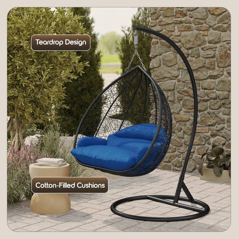 2-Person Outdoor Hanging Egg Chair with Teardrop Frame, Weather-Resistant Cotton Cushioned Seat for Patio and Indoor Use
