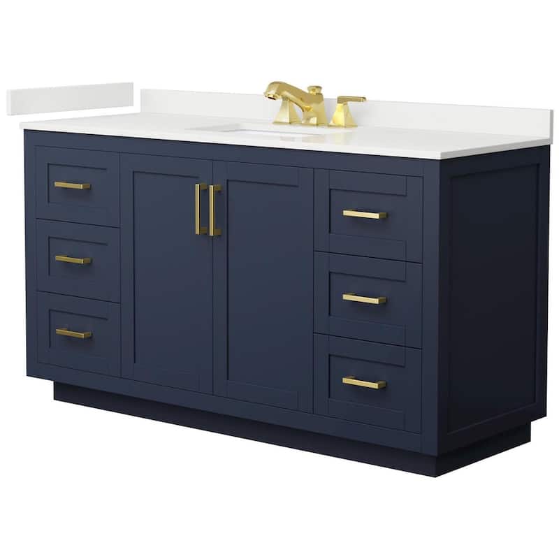 Wyndham Collection WCF292960S-QTZ-US3MXX Miranda 60" Free Standing - Dark Blue / White Quartz Top / Brushed Gold