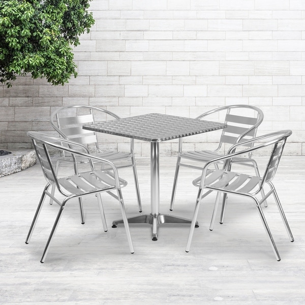 27.5" Square Aluminum Indoor-Outdoor Table Set with 4 Slat Back Chairs. Opens flyout.