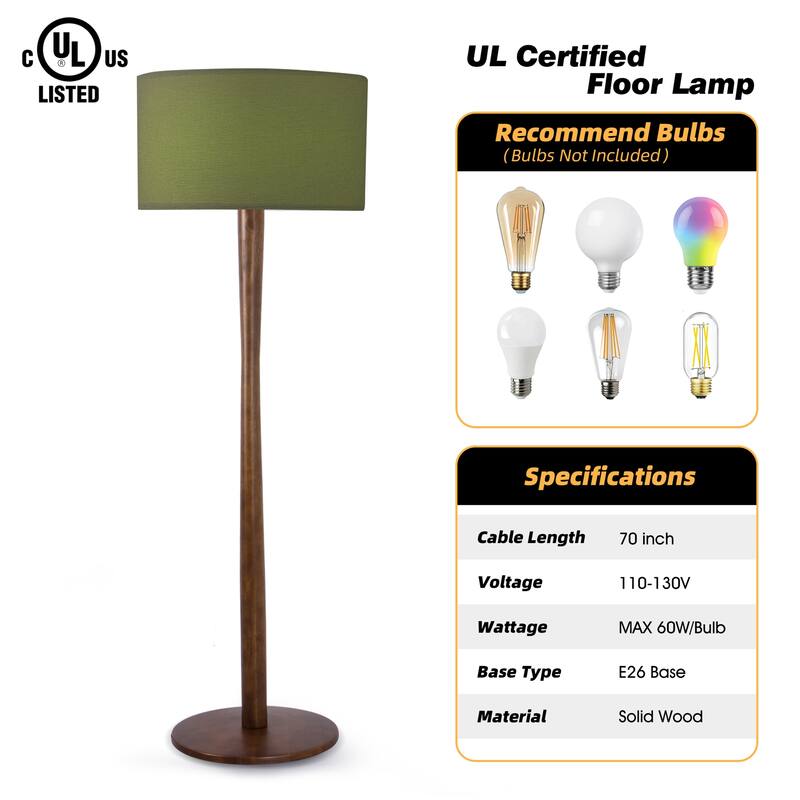 61 in. Retro Standing Floor Lamp with Rubberwood Base and Linen KD Lampshade for Bedroom, Living Room