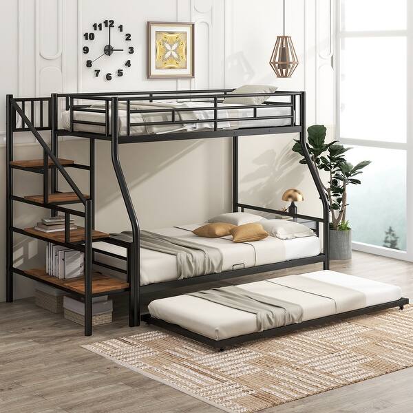 slide 2 of 23, Black Metal Twin Over Full Bunk Bed w/ Trundle, Safety Rails & Ladders Black - Full