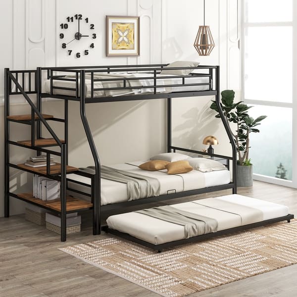slide 2 of 32, Contemporary Design Metal Bunk Bed with Trundle and Storage Staircase, Twin over Full Size Black