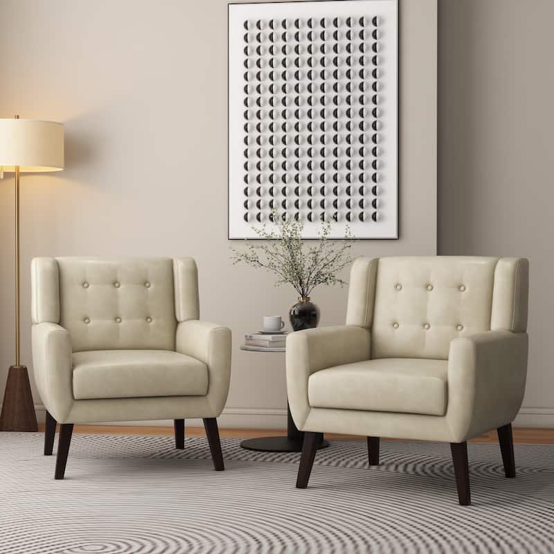 Modern Upholstered Faux Leather Tufted Armchair Linen Accent Chairs - Set of 2 Chairs - Cream/PU Leather