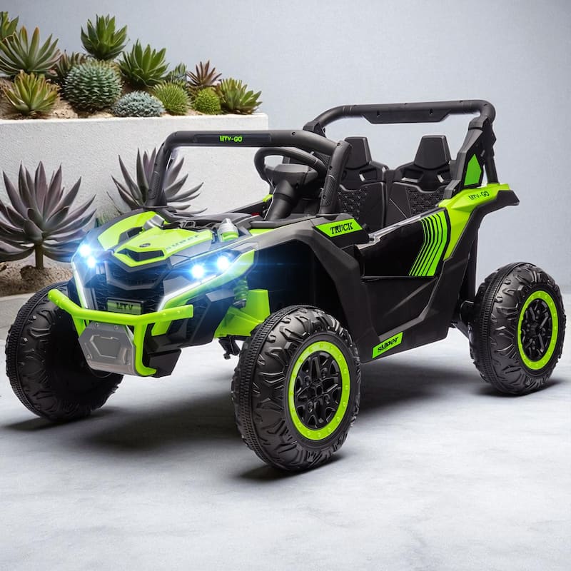 24V 7AH 2-Seater Kids Ride-On UTV, 4MPH Electric Car with LED Lights, Music, Horn, and 4 Suspension Wheels - Green