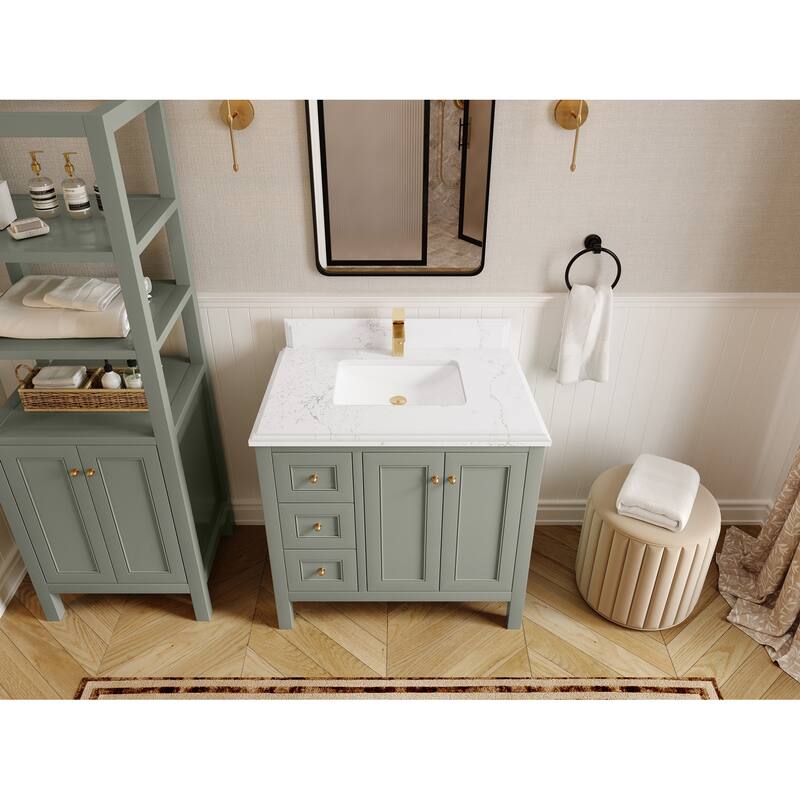 Willow Collections 36 in. W x 22 in. D Nashville Center Right Sink Bathroom Vanity with Countertop - 1.5"Empira White - Evergreen