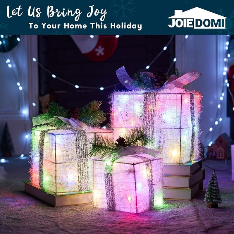 Christmas Lighted Gift Boxes - Set of 3 Iridescent Present Boxes for Indoor Holiday Décor