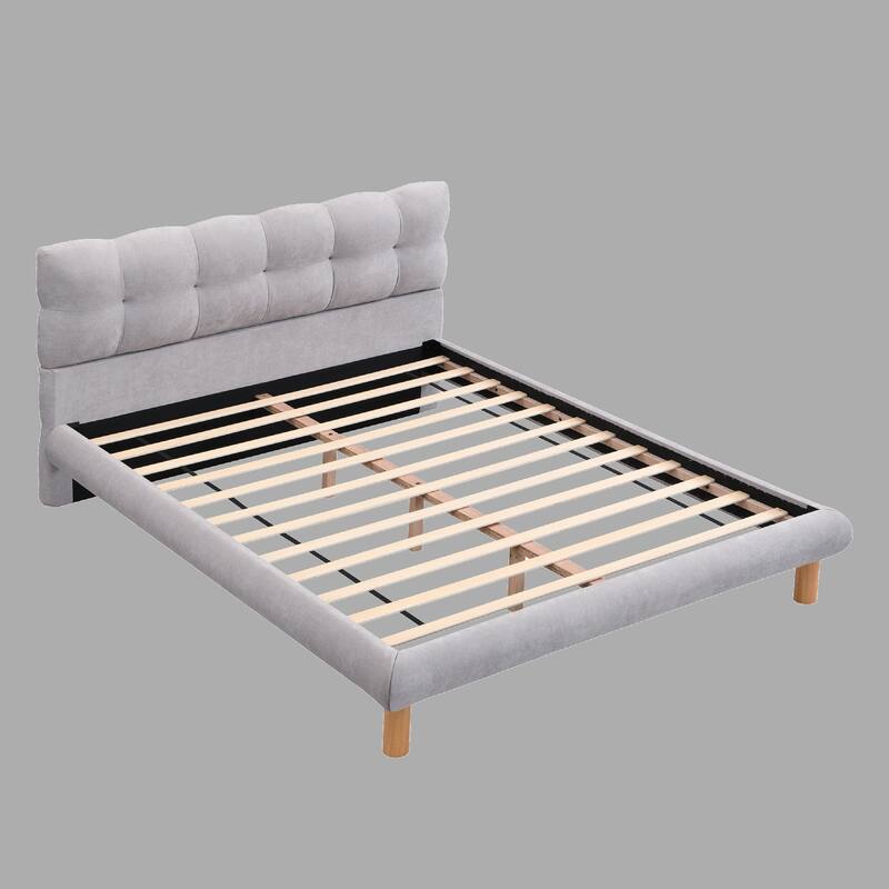 Stylish Upholstered Bed Frame with Cookie Headboard, Full/Queen/King, Soft Chenille Fabric, Rubber Wood Legs - Grey - Queen