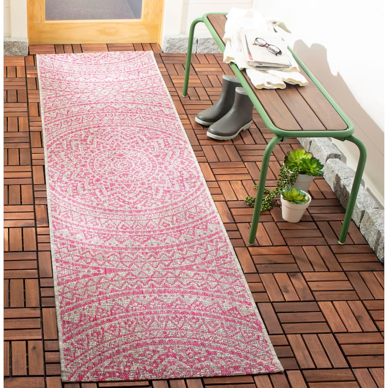 SAFAVIEH Courtyard Fran Mandala Indoor/ Outdoor Waterproof Patio Backyard Rug - 2'3" x 8' Runner - Light Grey/Fuchsia