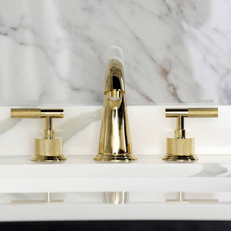 Kingston Brass Convergent Two-Handle 3-Hole Deck Mount Widespread Bathroom Faucet with Knurled Handle and Brass Pop-Up Drain