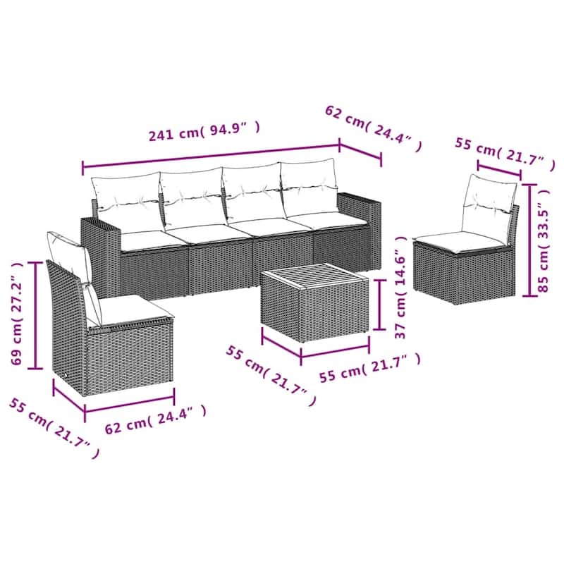 vidaXL 7 Piece Patio Sofa Set with Cushions Black Poly Rattan - 21.7 x 24.4 x 27.2