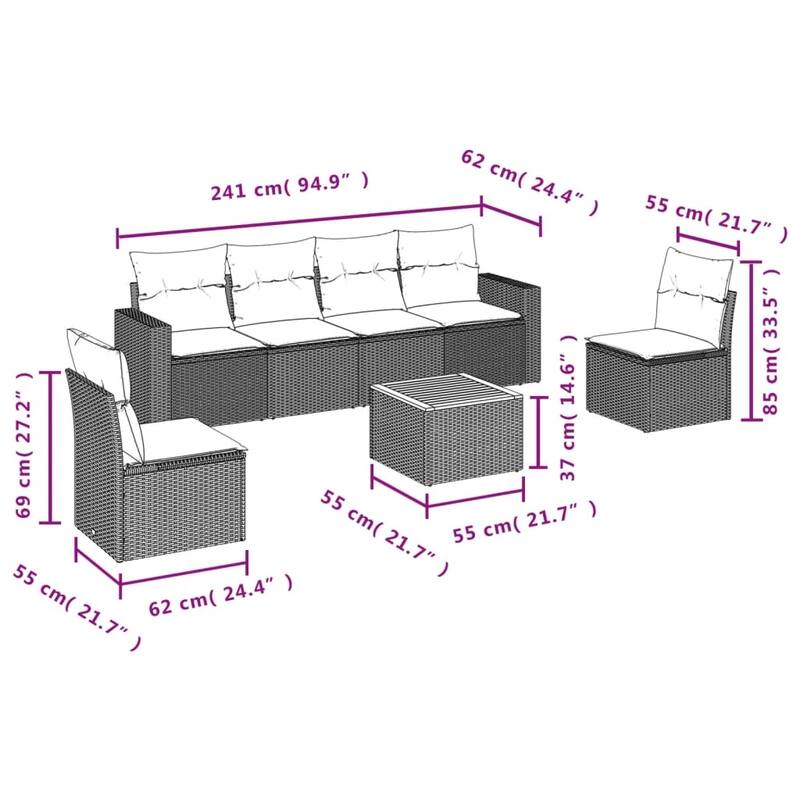 vidaXL Patio Sofa Set with Cushions Outdoor Furniture 7 Piece Poly Rattan - 25.8x 24.4x 27.2
