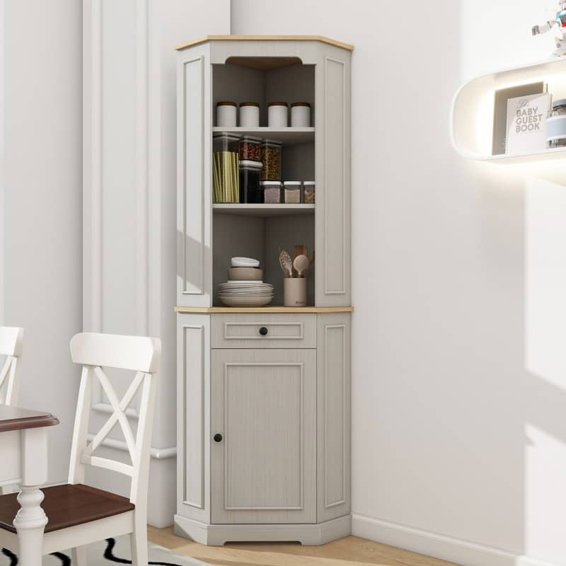 68" Farmhouse Corner Cabinet with Drawer, Freestanding Antique White Storage for Living Room, Kitchen