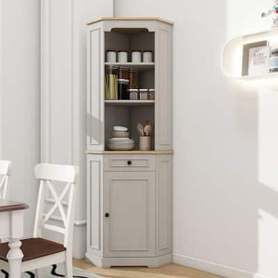 68" Farmhouse Corner Cabinet with Drawer, Freestanding Antique White Storage for Living Room, Kitchen