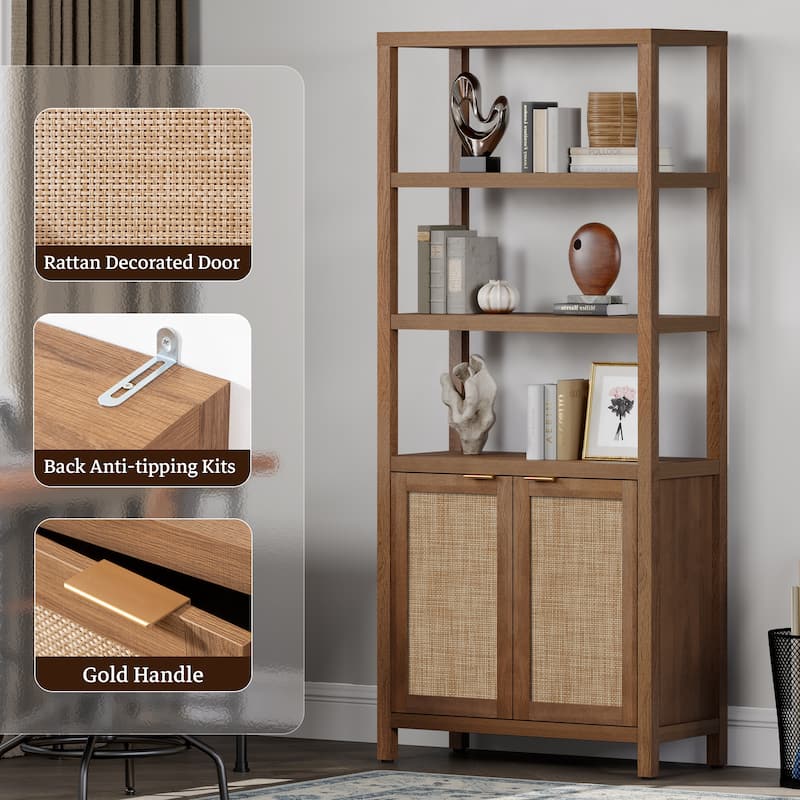 SICOTAS 5 Tier Adjustable Bookshelf with Rattan Storage Cabinet