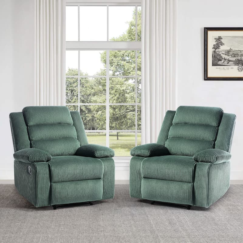 Overstuffed Cotton Corduroy Manual Pushback Recliner with Wide Armrest - Gray Green Corduroy/2-Piece