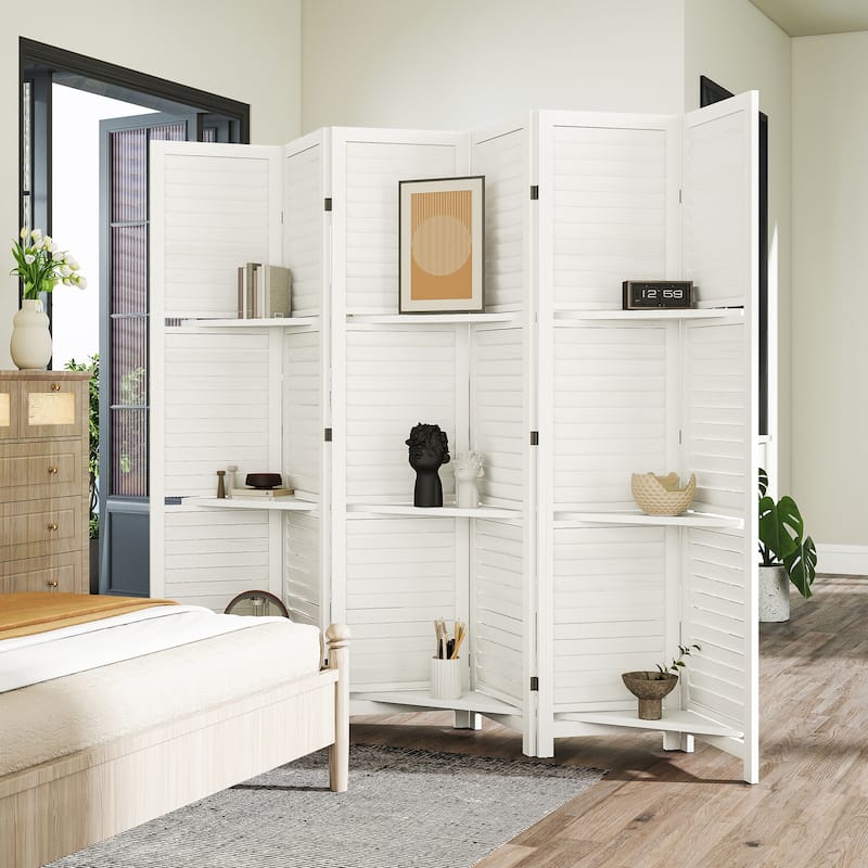 HOMCOM Room Divider, 6 Panel 67" Tall Wood Privacy Screen with 3 Display Shelves, and Folding Storage for Bedroom, Gray