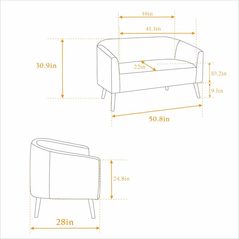 50.78" Modern Loveseat Couch Sofa, Corduroy Fabric Upholstered 2-Seat Sofa, Loveseat with Wooden Walnut Legs