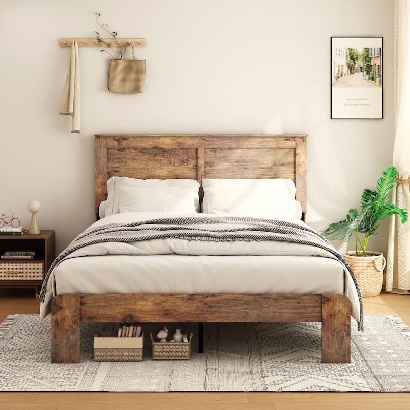 Wood Platform Bed Frame with Large Under Bed Storage and Wood Headboard, No Box Spring Needed & Easy Assembly - Dark Brown - Full