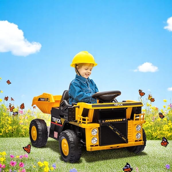 slide 2 of 8, Ride-On Dump Truck with 12V Ride on Car with Electric Dump Bed, Music, lights, Motors - Electric Construction Truck Toy yellow