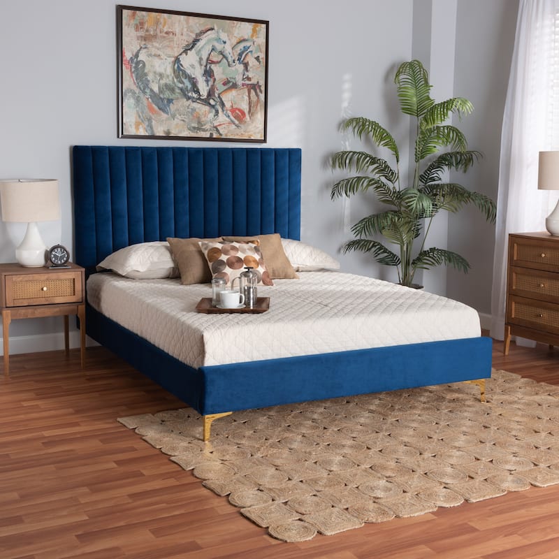 Serrano Contemporary Glam and Luxe Velvet Fabric Upholstered and Gold Metal Platform Bed
