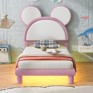 Upholstered Platform Bed with Cartoon Ears Shaped Headboard, LED Light