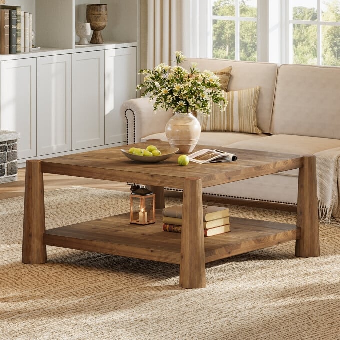 34" Square Solid Wood Coffee Table, Rustic Living Room Center Table