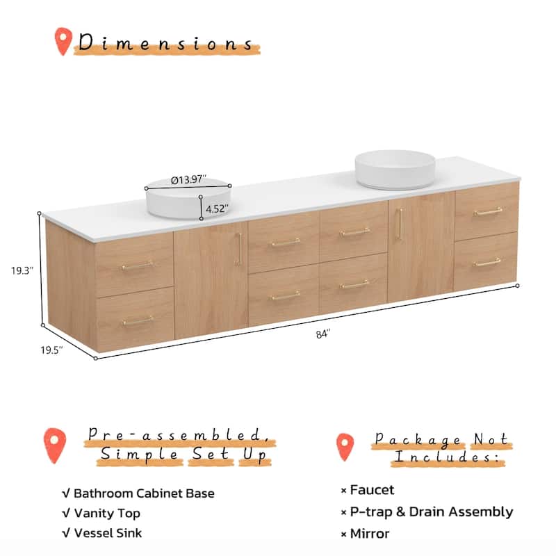 Prismella 60" 72" 84" Floating Vanity with Round Vessel Sink, Quartz Top