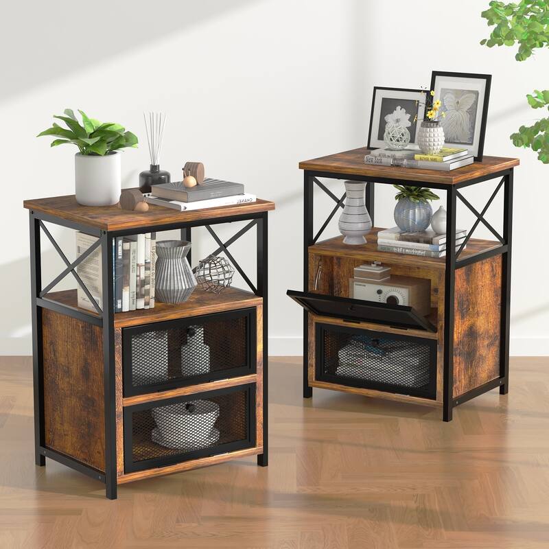 VECELO Modern End Table with 3-tier Storage Shelves, Nightstands with Charging Station(Nightstand Set of 2) - NO USB Ports - Brown