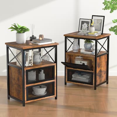 VECELO Modern End Table with 3-tier Storage Shelves, Nightstands with Charging Station(Nightstand Set of 2)