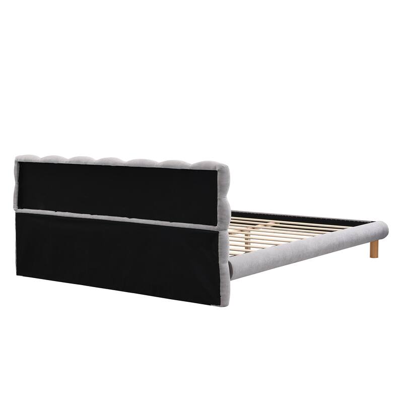 King Size Chenille Upholstered Platform Bed with Unique Curved Headboard, Grey Fabric, Sturdy Rubber Wood Frame, Easy Assembly
