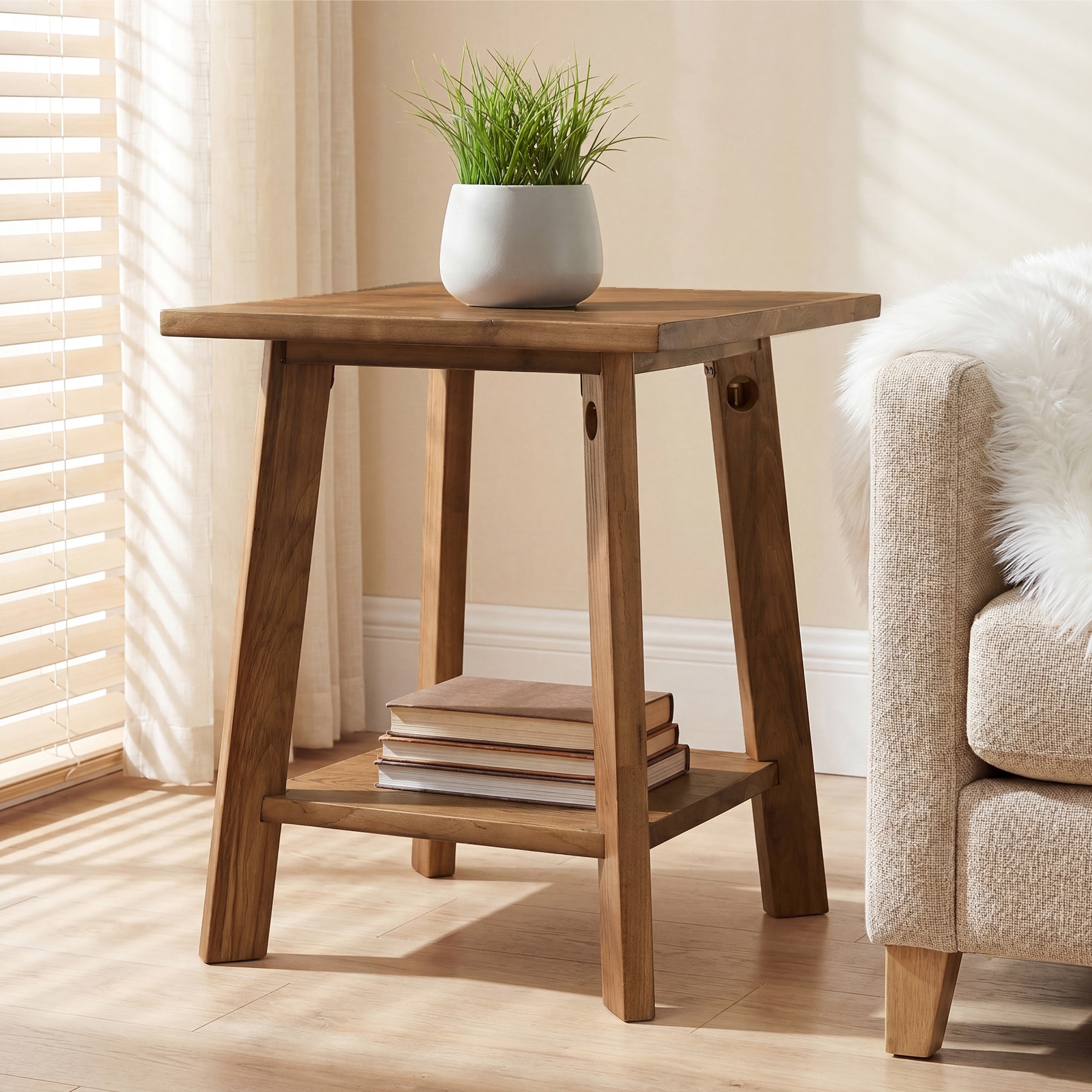 Solid Wood End Table, Small Side Table with 2-Tier Storage Shelf