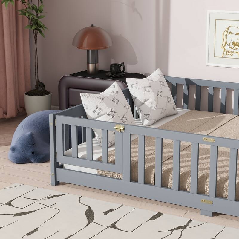 Rubber Wood Floor Bed with Safety Guardrails