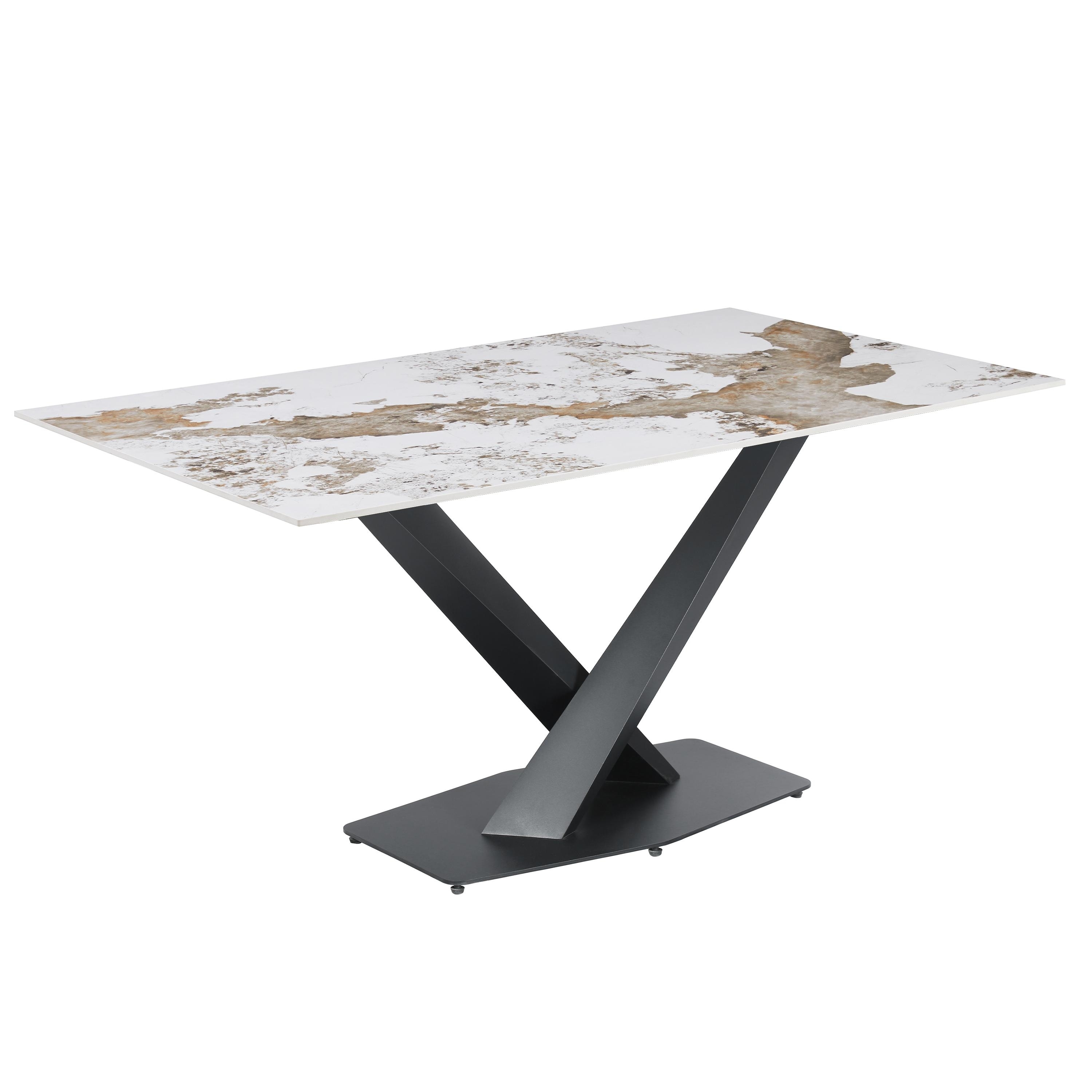 Voren Modern Dining Table - Sintered Stone or Tempered Glass Top, Heavy-Duty Black Stainless Steel Pedestal Frame