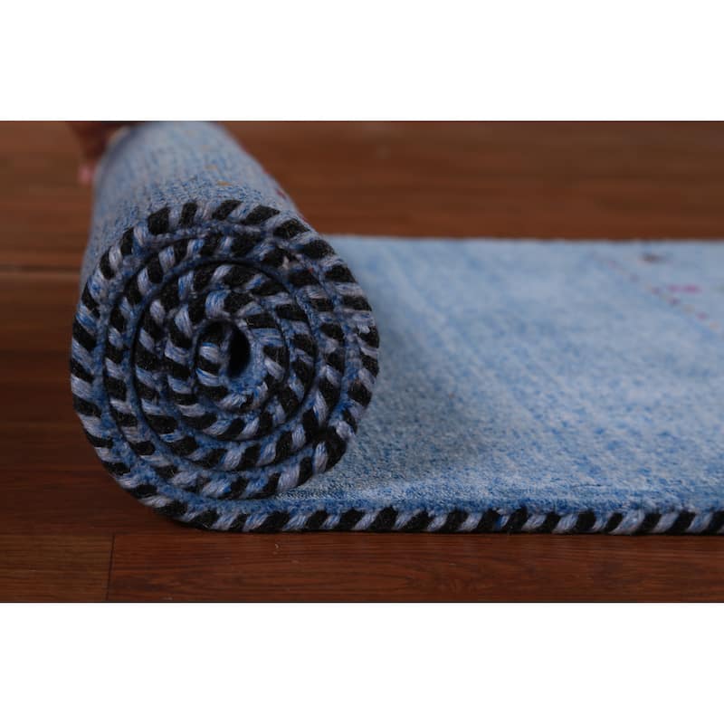 Hand Knotted Oriental 100% Wool Carpet Tribal Animal Pictorial Navy Blue & Blues Gabbeh Runner Rug - 9' 10'' X 2' 6''