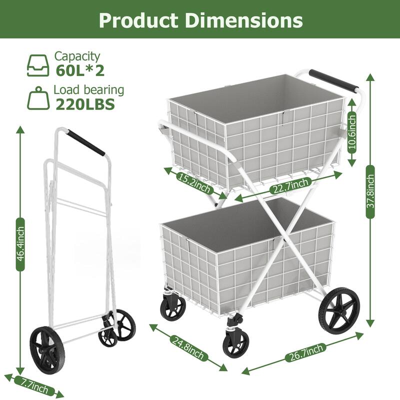 Foldable 2 Layers Grocery Shopping Cart with Double Basket and 360 Rolling Swivel Wheels