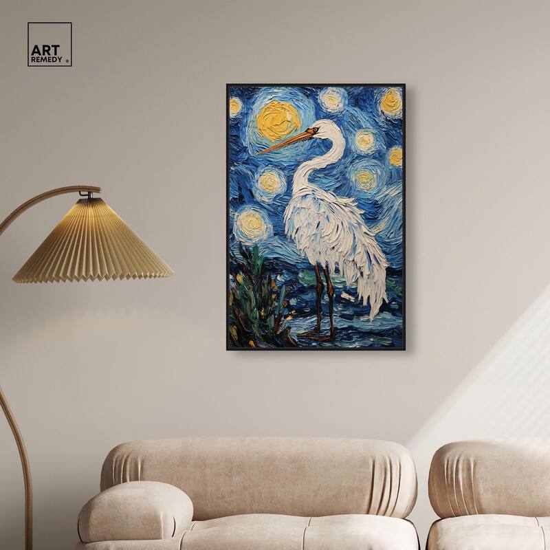 Crane in Starry Night Canvas by Art Remedy