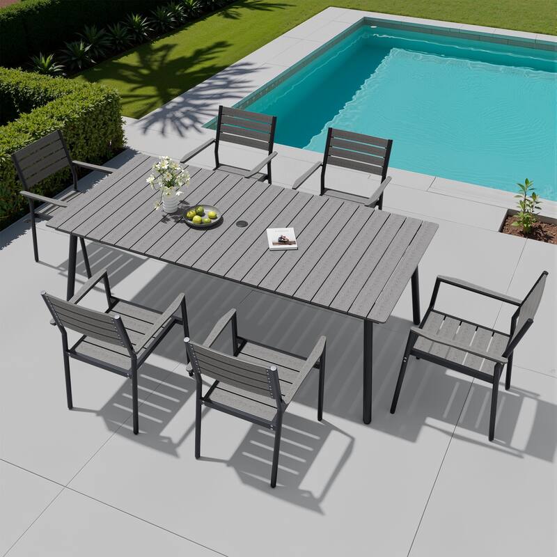 7/9-piece Outdoor Aluminum Rectangle Patio Dining Table with Umbrella Hole and Chairs