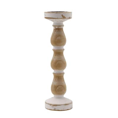 Elements White Wood Candle Holder, 13 Inch